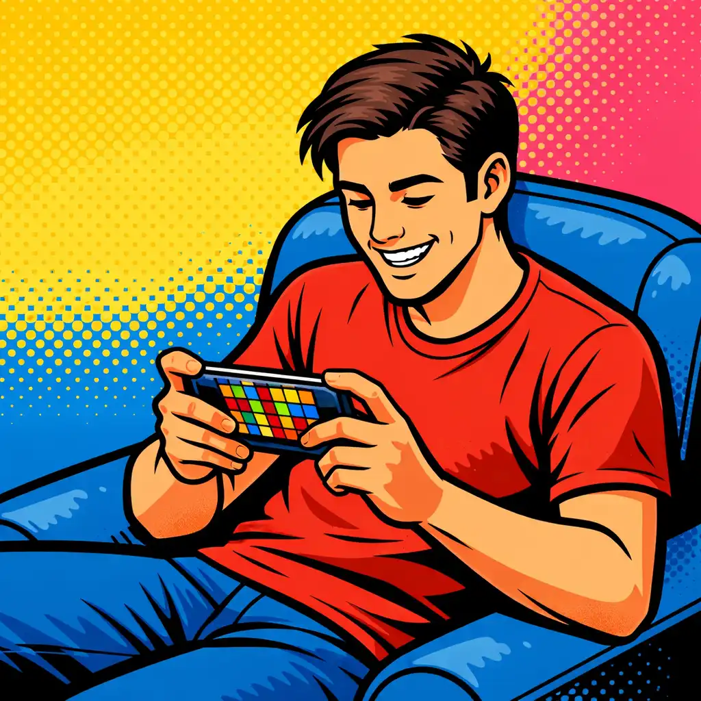 Mladý muž relaxuje v křesle a hraje PopBlock Puzzle na mobilním telefonu
