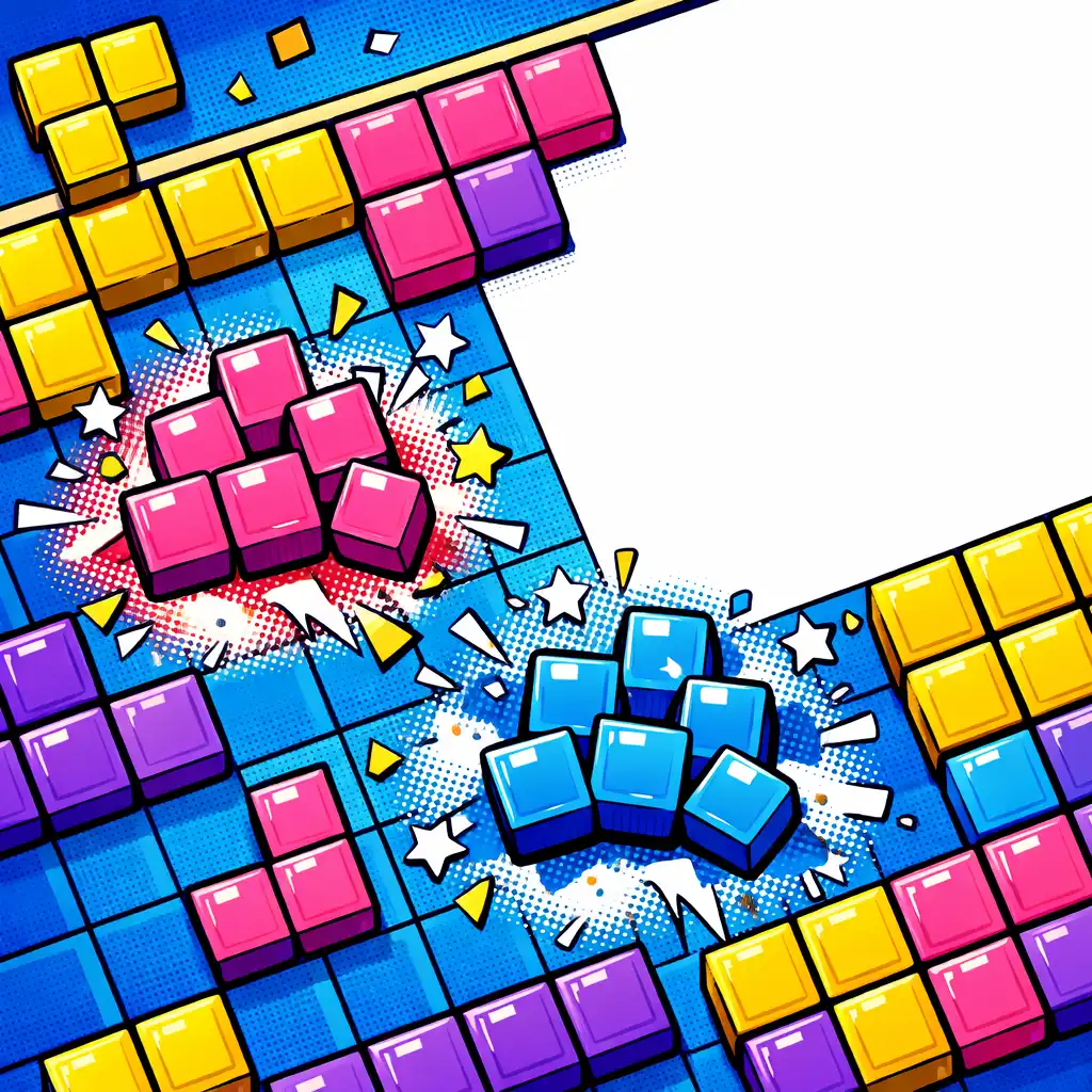 Ilustrace hry PopBlock Puzzle s barevnými bloky, které se spojují a praskají