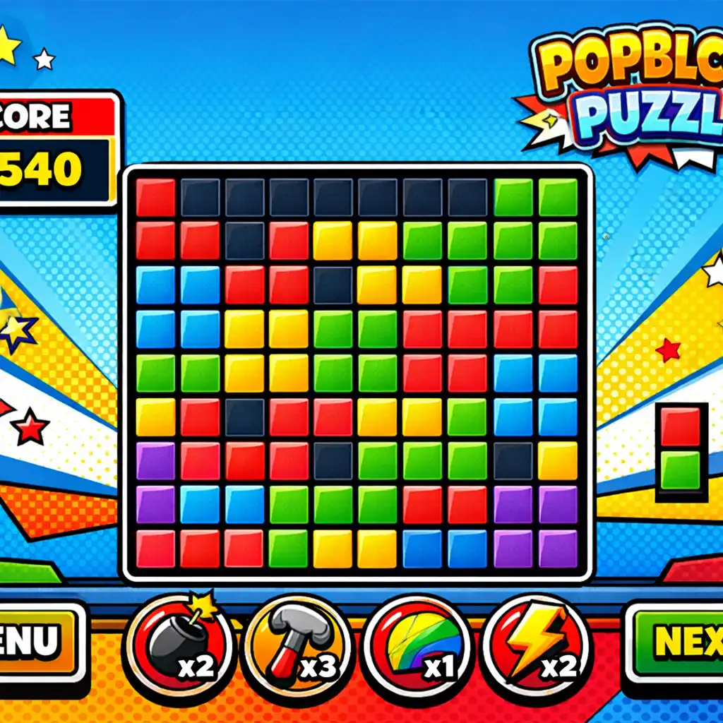 Široký záběr herního prostředí PopBlock Puzzle s barevnou hrací plochou a UI prvky