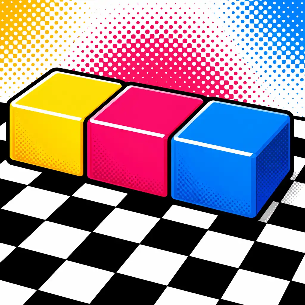 Ilustrace tří barevných bloků spojených vedle sebe na herní desce PopBlock Puzzle