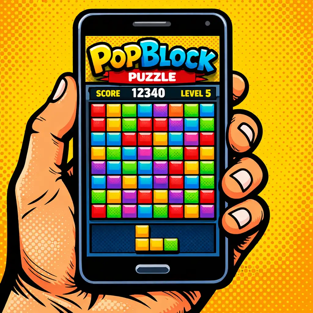Pop-artová ilustrace ruky držící chytrý telefon s hrou PopBlock Puzzle, obrazovka ukazuje barevné bloky v mřížce